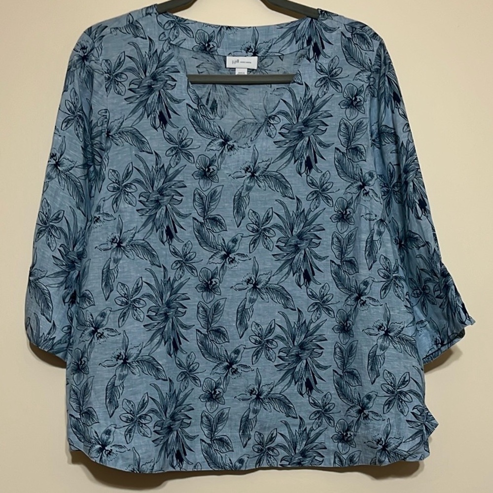 J. Jill Love Linen Palm Print V Neck Top SP - Picture 2 of 9